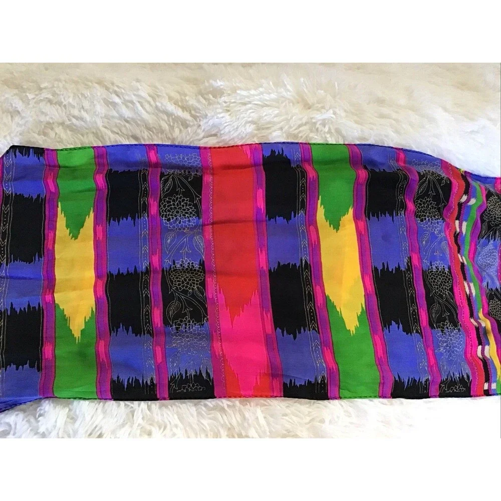 Jewel Tone Stripe Floral Rectangle Scarf Silky Head Wrap Neck Hair Scarf Silky